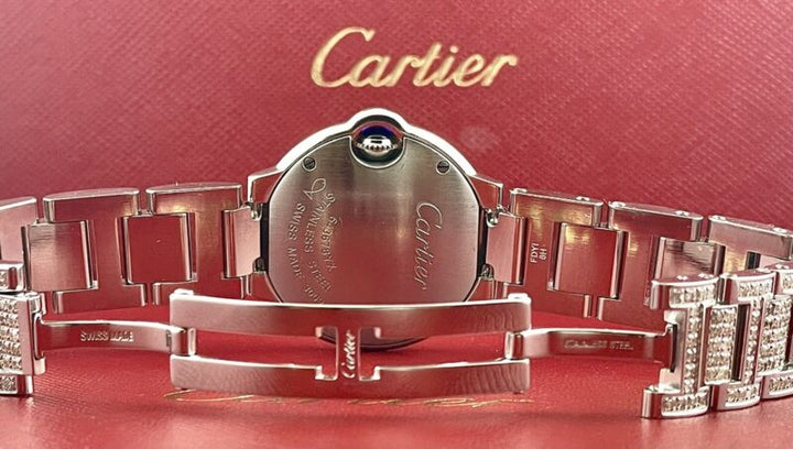 Cartier Ballon Bleu Ladies Watch 29mm Iced Out 6ct Diamonds Steel Quartz 3009