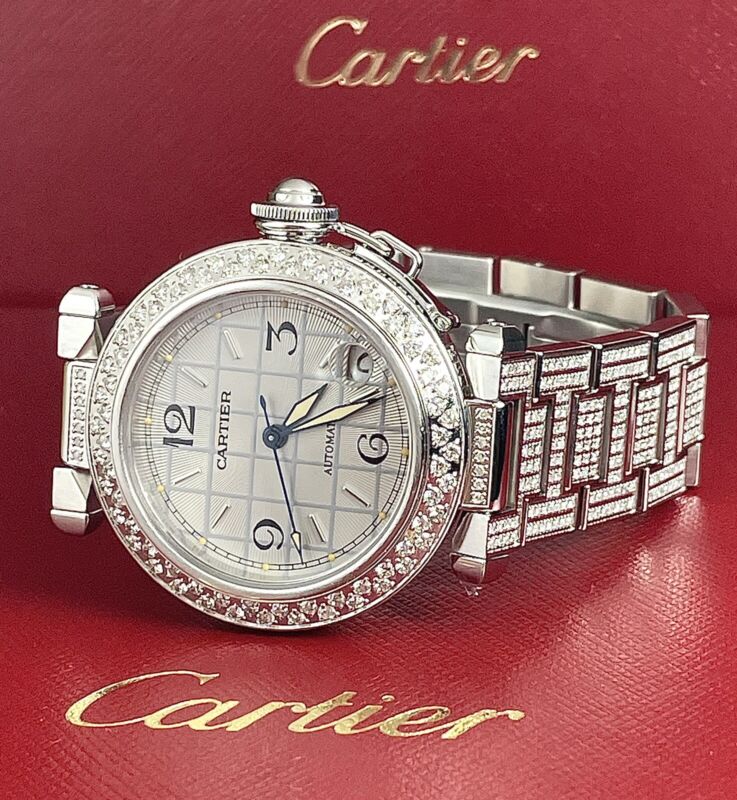 Cartier Pasha 35mm Ladies Auto Steel Watch Silver Dial Iced 6ct Diamonds 2324
