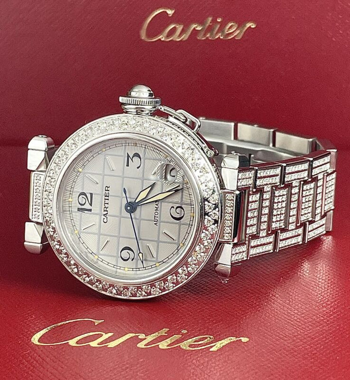 Cartier Pasha 35mm Ladies Auto Steel Watch Silver Dial Iced 6ct Diamonds 2324