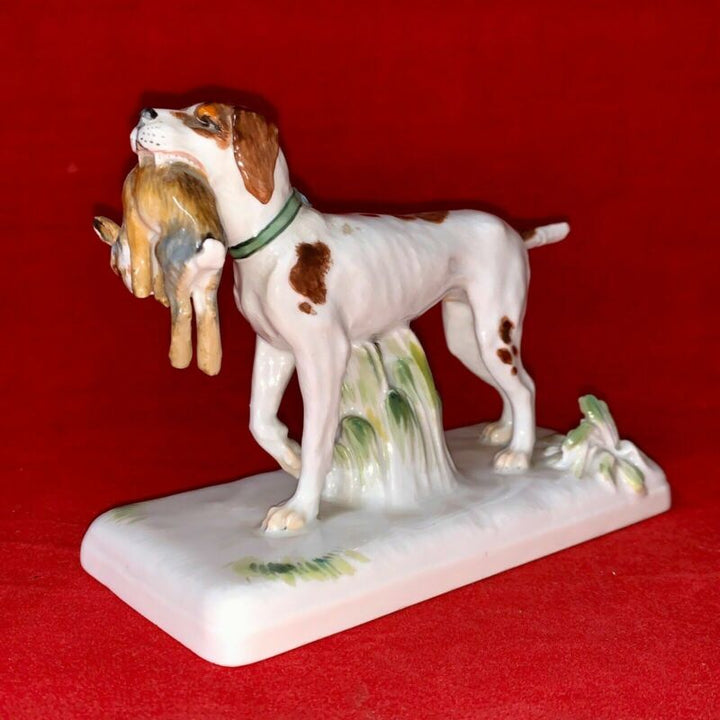 希少なマイセン磁器製動物フィギュリン ウサギと狩猟犬 HP C 1925年　ファイファー期