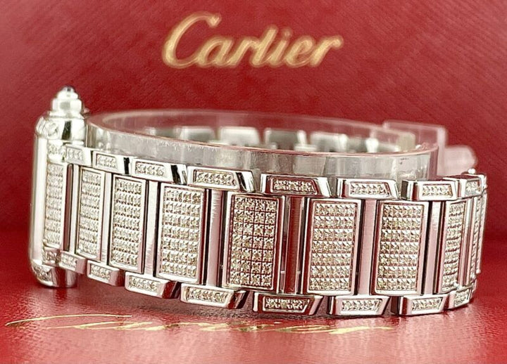Cartier Tank Francaise 20mm PINK PEARL Dial Iced 4ct Genuine Diamonds Ref 3217