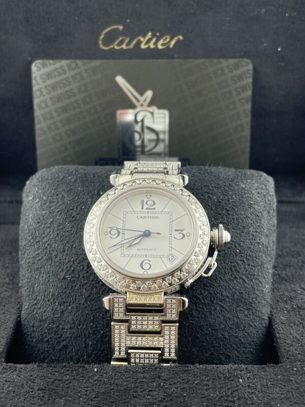 Cartier Pasha 35mm Ladies Auto Steel White Dial Black Arabic Iced 6ct Diamonds
