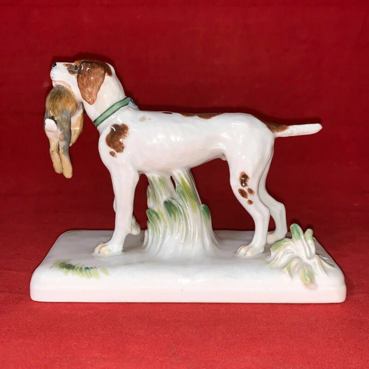 希少なマイセン磁器製動物フィギュリン ウサギと狩猟犬 HP C 1925年　ファイファー期