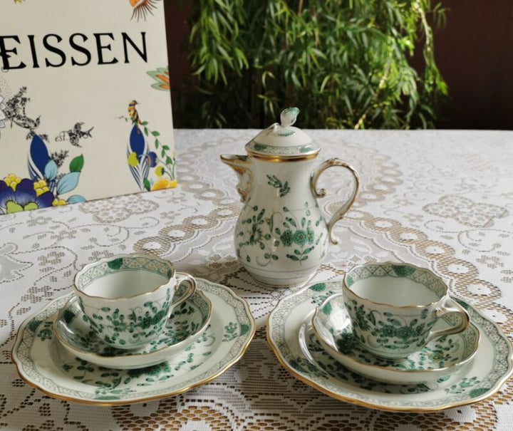 マイセン モカサービス 2人用 インドの花　グリーンリッチウィズゴールドエッジ 一級品
