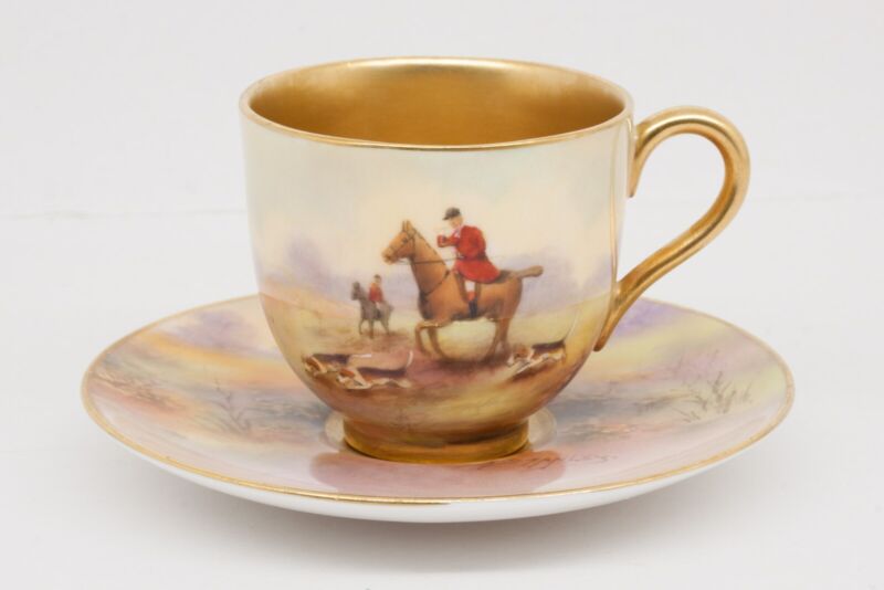 ロイヤルウースター デミタスカップ&ソーサー 手描き狩猟『ハンティングシーン』の風景