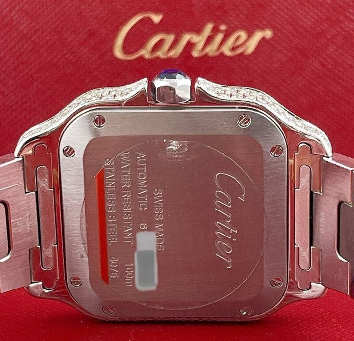 Cartier Santos Unisex 35mm Steel Watch Roman Iced Out 10ct Diamonds WSSA0029