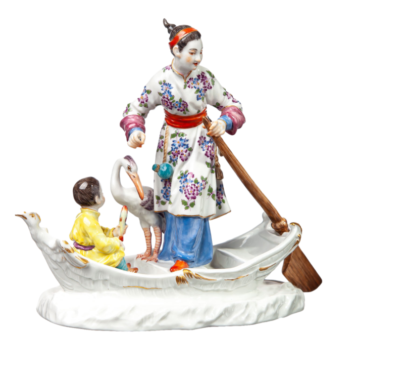 マイセン人形　「艀に乗った子供と鷺を連れた中国人女性」 J.J. ディーラー　一級品