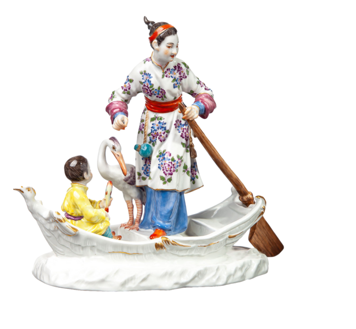 マイセン人形　「艀に乗った子供と鷺を連れた中国人女性」 J.J. ディーラー　一級品