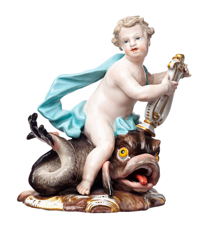 マイセン人形　「イルカに乗ったキューピッド」 J.J. ケンドラー　一級品 　1850-1924年　13.8cm