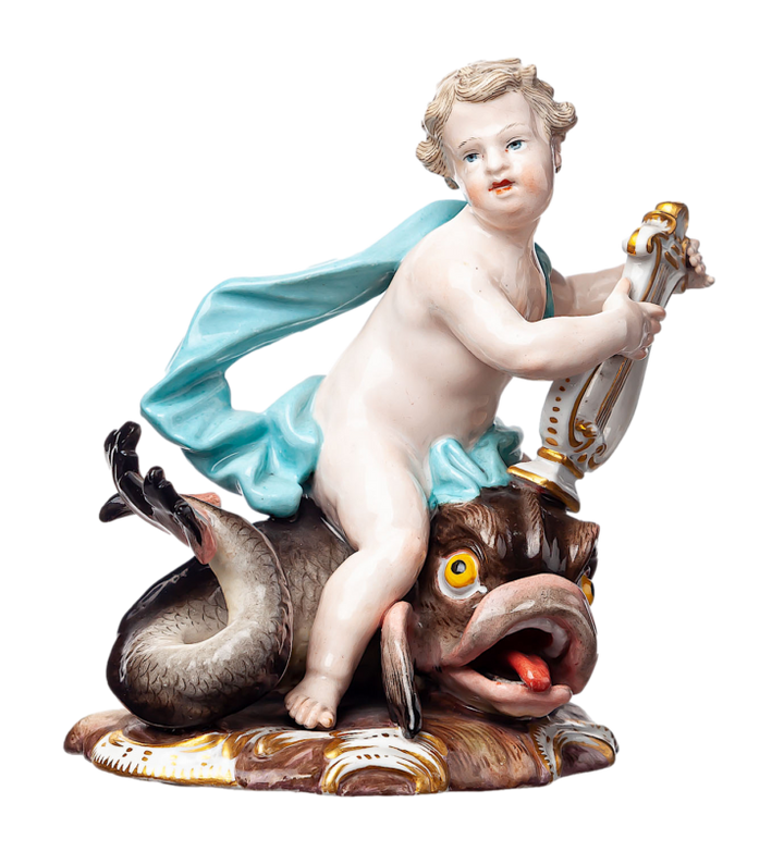 マイセン人形　「イルカに乗ったキューピッド」 J.J. ケンドラー　一級品 　1850-1924年　13.8cm