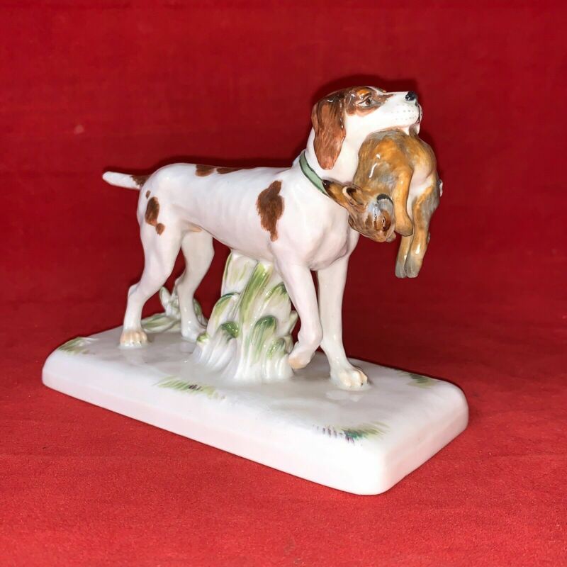 希少なマイセン磁器製動物フィギュリン ウサギと狩猟犬 HP C 1925年　ファイファー期