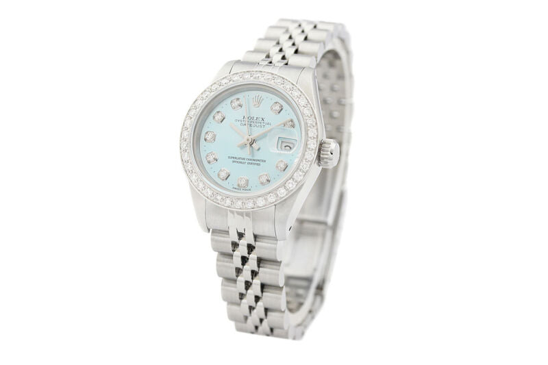 Rolex Ladies Datejust 69174 18K White Gold & Steel Ice Blue Dial Diamond Watch
