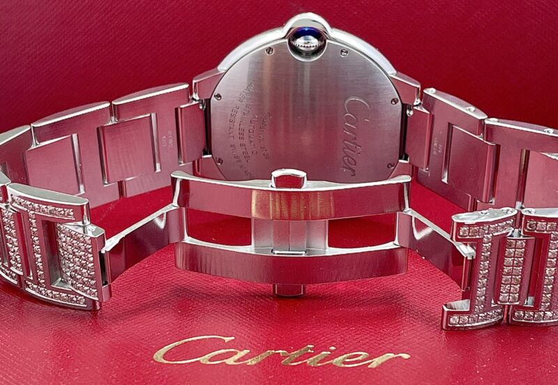Cartier Ballon Bleu Watch 42mm Iced Out 10ct Diamonds Steel Auto W69012Z4