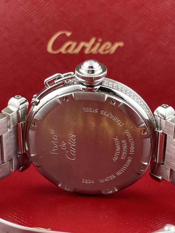Cartier Pasha 35mm Ladies Auto Steel White Dial Black Arabic Iced 6ct Diamonds