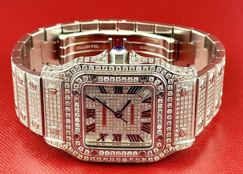 Cartier Ladies Santos Galbee 32mm Custom Iced 10ct Genuine Diamonds Ref 2823