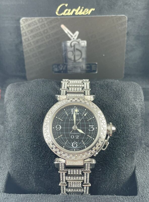 Cartier Pasha 35mm Ladies Auto Steel Watch Black Dial Iced 6ct Diamonds Ref 2550