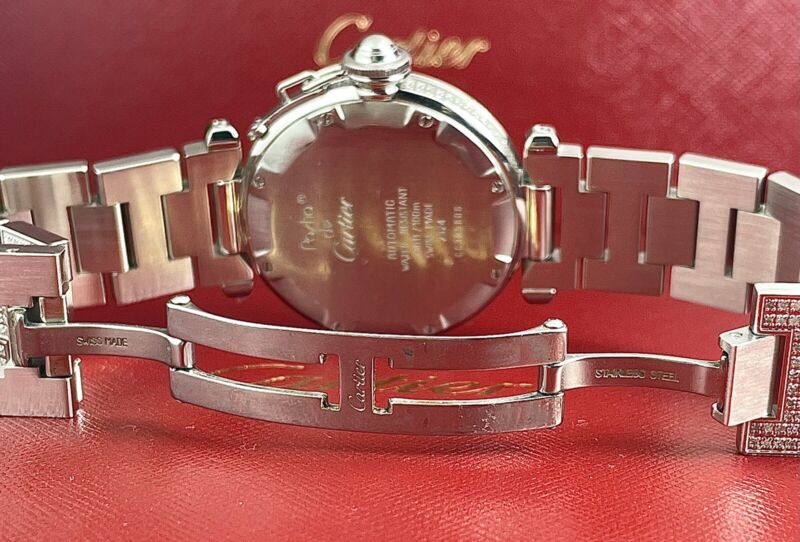 Cartier Pasha 35mm Ladies Auto Steel Watch Silver Dial Iced 6ct Diamonds 2324