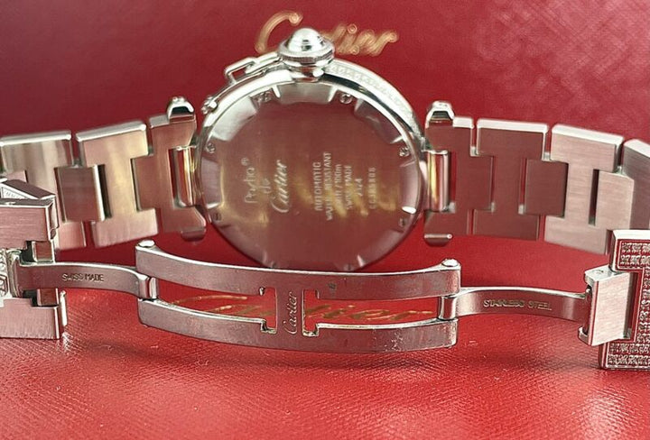 Cartier Pasha 35mm Ladies Auto Steel Watch Silver Dial Iced 6ct Diamonds 2324