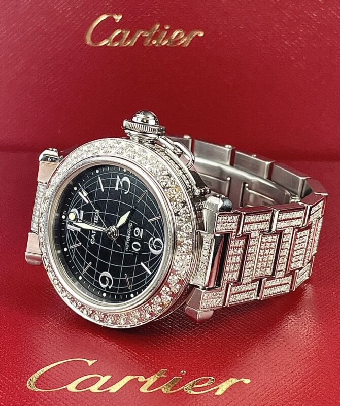 Cartier Pasha 35mm Ladies Auto Steel Watch Black Dial Iced 6ct Diamonds Ref 2550