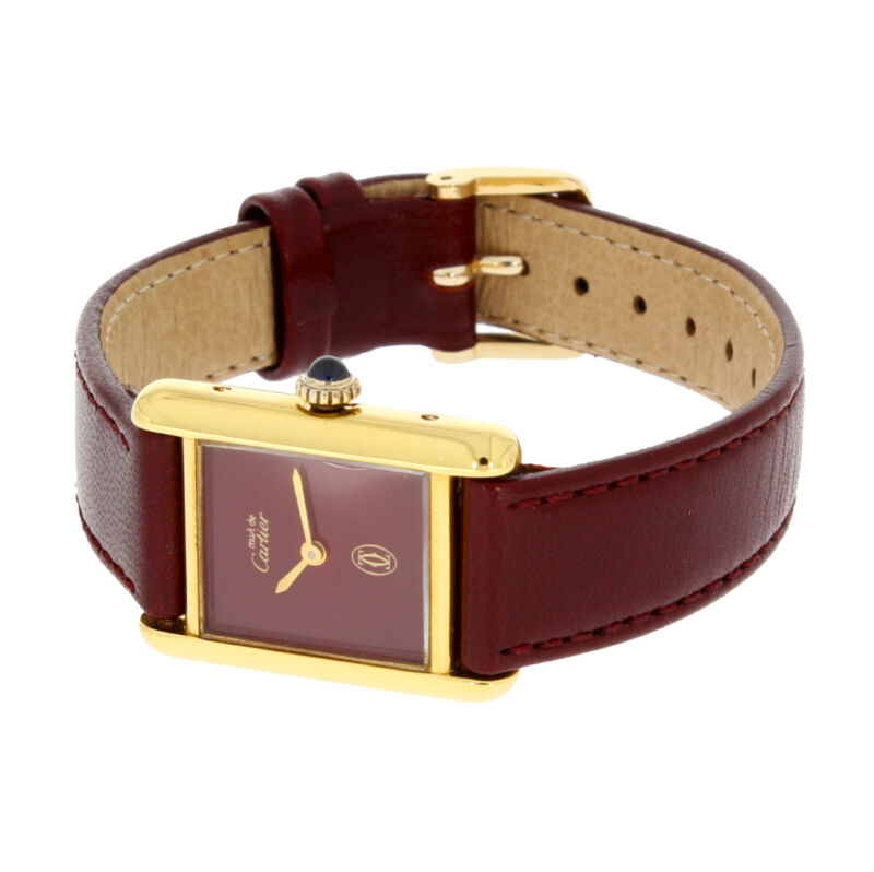 CARTIER Paris Tank Must Vermeil Ladies Silver Maroon Quartz Watch Circa 1990