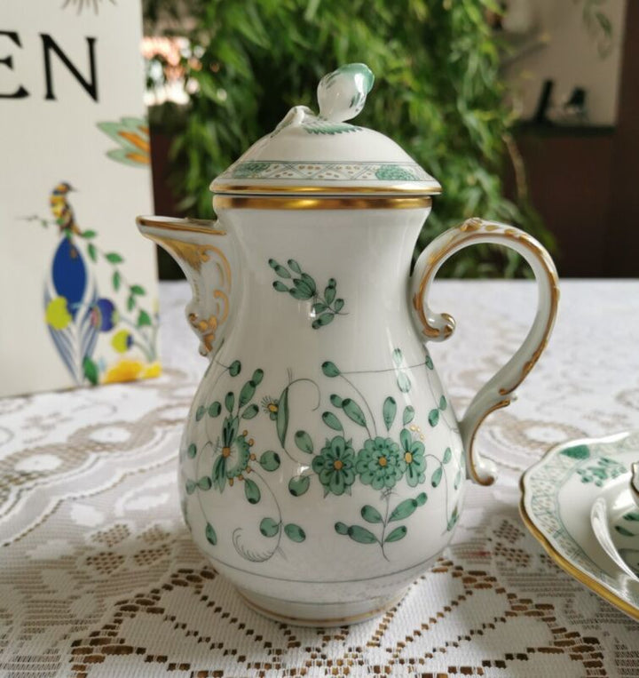 マイセン モカサービス 2人用 インドの花　グリーンリッチウィズゴールドエッジ 一級品