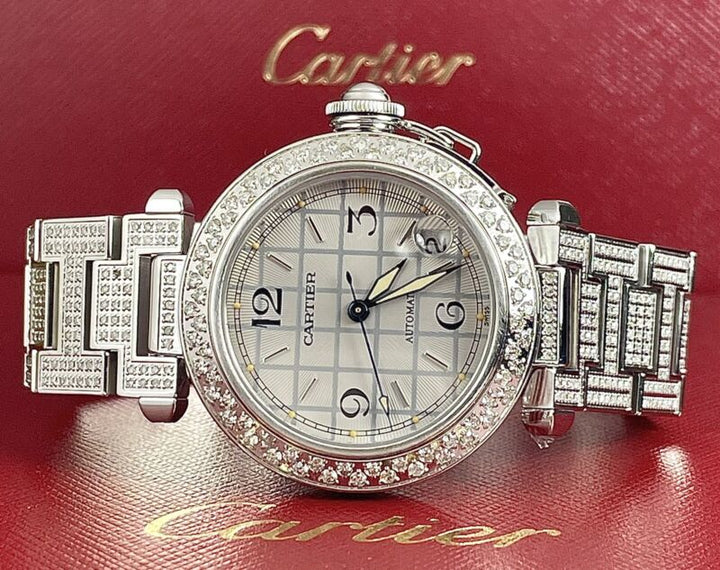 Cartier Pasha 35mm Ladies Auto Steel Watch Silver Dial Iced 6ct Diamonds 2324