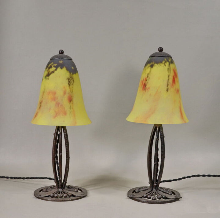 E. ゴティエ＆ドーム兄弟　ペアのフランス製アールデコランプ　1925年　1930年　錬鉄製