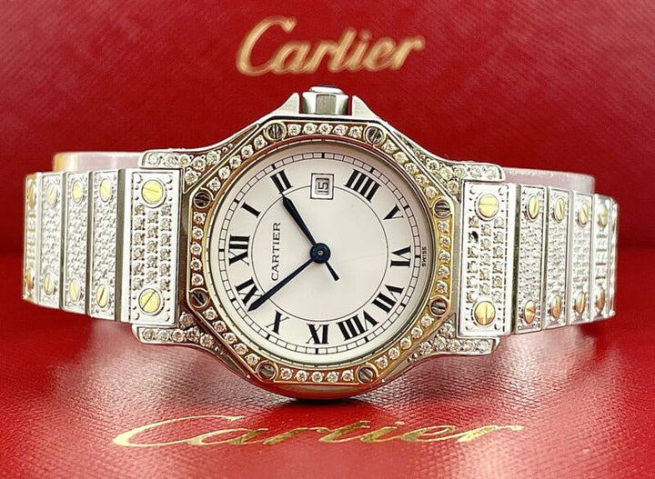 Cartier Santos Octagon 30mm 2-Tone Custom Iced Out 5ct Genuine Diamonds 187902