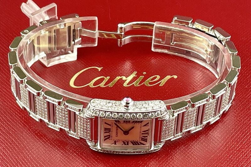 Cartier Tank Francaise 20mm PINK PEARL Dial Iced 4ct Genuine Diamonds Ref 3217