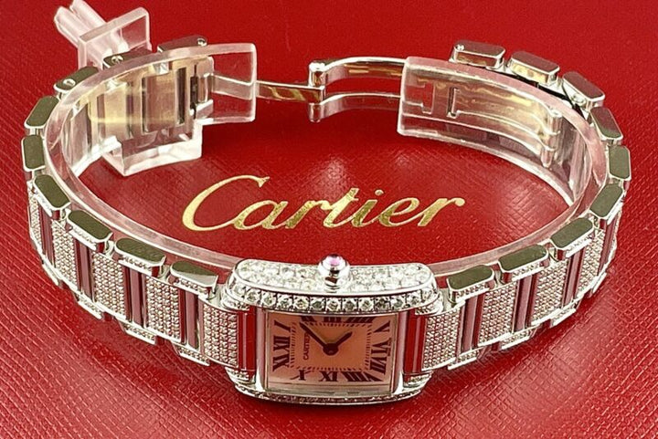 Cartier Tank Francaise 20mm PINK PEARL Dial Iced 4ct Genuine Diamonds Ref 3217