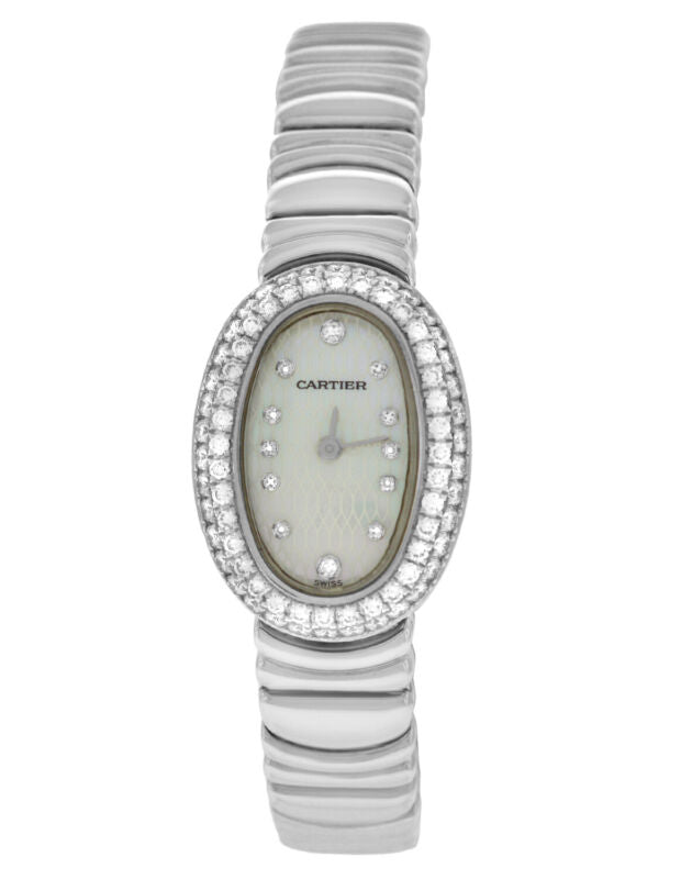 Cartier Baignoire Mini 2369 MOP Full 18K White Gold Ladies Quartz 18x24MM Watch