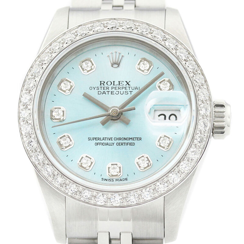Rolex Ladies Datejust 69174 18K White Gold & Steel Ice Blue Dial Diamond Watch