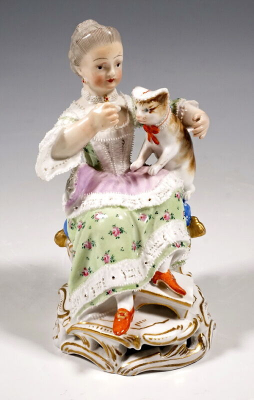 マイセン  ペア人形　猫を連れた少女と犬を連れた少年　1850　アシエ