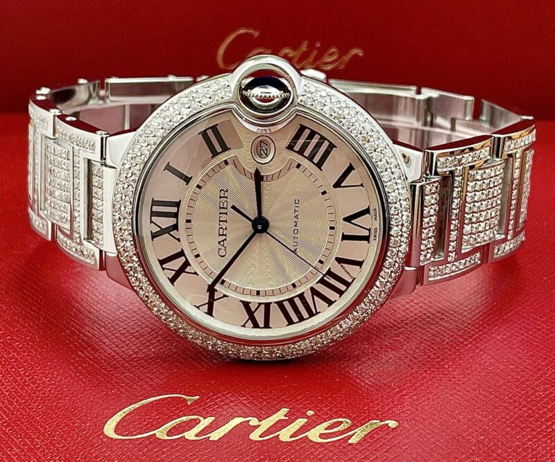 Cartier Ballon Bleu Watch 42mm Iced Out 10ct Diamonds Steel Auto W69012Z4