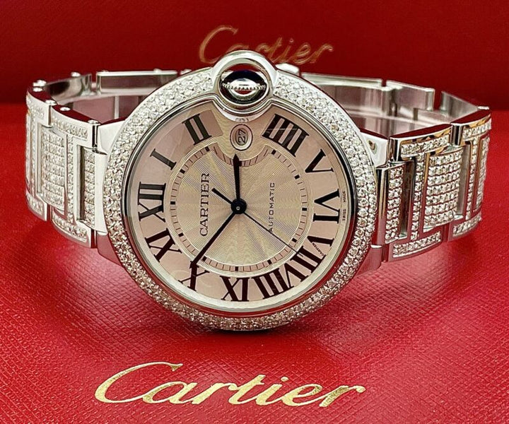 Cartier Ballon Bleu Watch 42mm Iced Out 10ct Diamonds Steel Auto W69012Z4