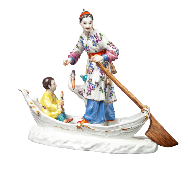 マイセン人形　「艀に乗った子供と鷺を連れた中国人女性」 J.J. ディーラー　一級品