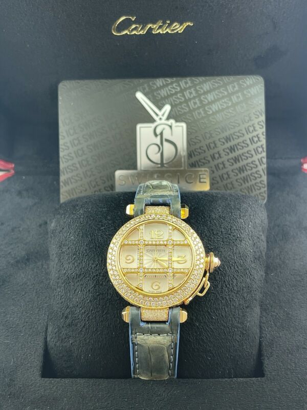 Cartier Pasha 32mm Yellow Gold Custom Iced Out 6ct Genuine Diamonds Ref 2399