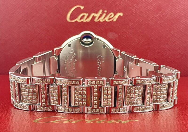 Cartier Ballon Bleu Ladies Watch 29mm Iced Out 6ct Diamonds Steel Quartz 3009