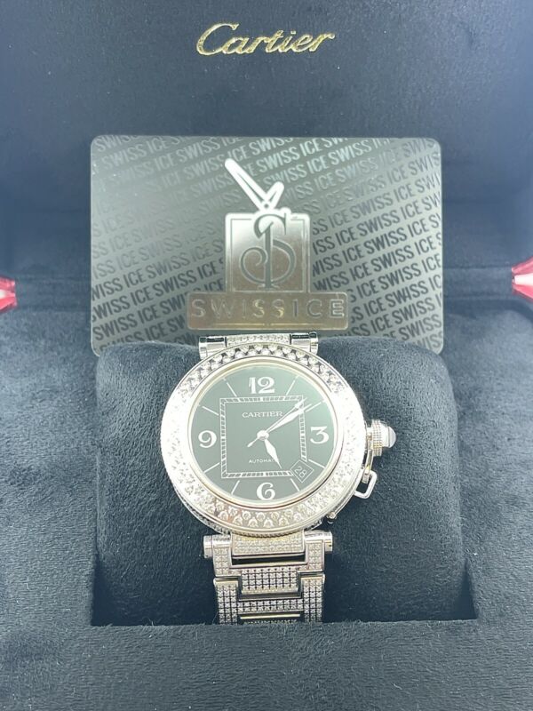 Cartier Pasha 40mm Black Dial Custom Iced Out 8ct Genuine Diamonds Ref 2790