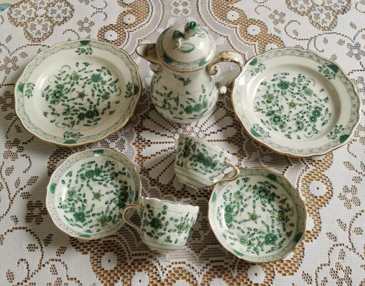 マイセン モカサービス 2人用 インドの花　グリーンリッチウィズゴールドエッジ 一級品