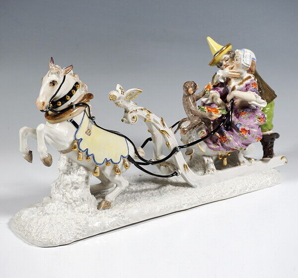 マイセン人形(MEISSEN)、そり遊び宮廷道化師フローリッヒとシュミーデル、1850年、1級品