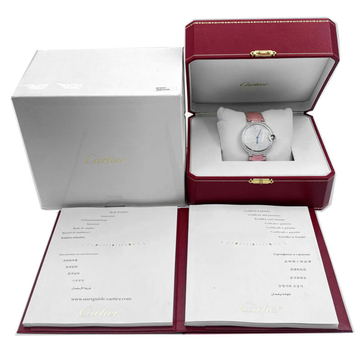 Cartier Ballon Bleu WE902042 3262 Factory Pave Diamond 18k 36mm White Gold Watch