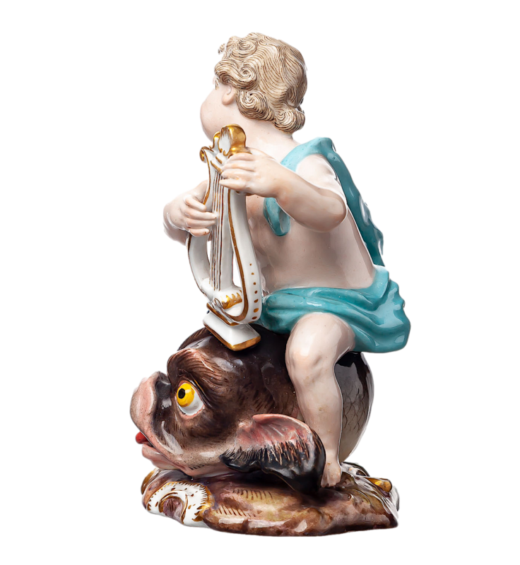 マイセン人形　「イルカに乗ったキューピッド」 J.J. ケンドラー　一級品 　1850-1924年　13.8cm