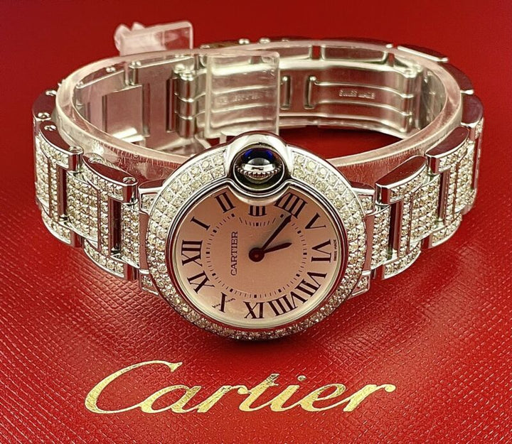 Cartier Ballon Bleu Ladies Watch 29mm Iced Out 6ct Diamonds Steel Quartz 3009