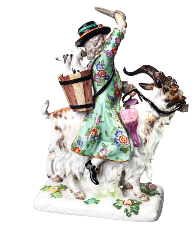 マイセン人形　「山羊に乗った仕立て屋」 by JJ.J ディーラー　一級品　1924-34年 21 cm-