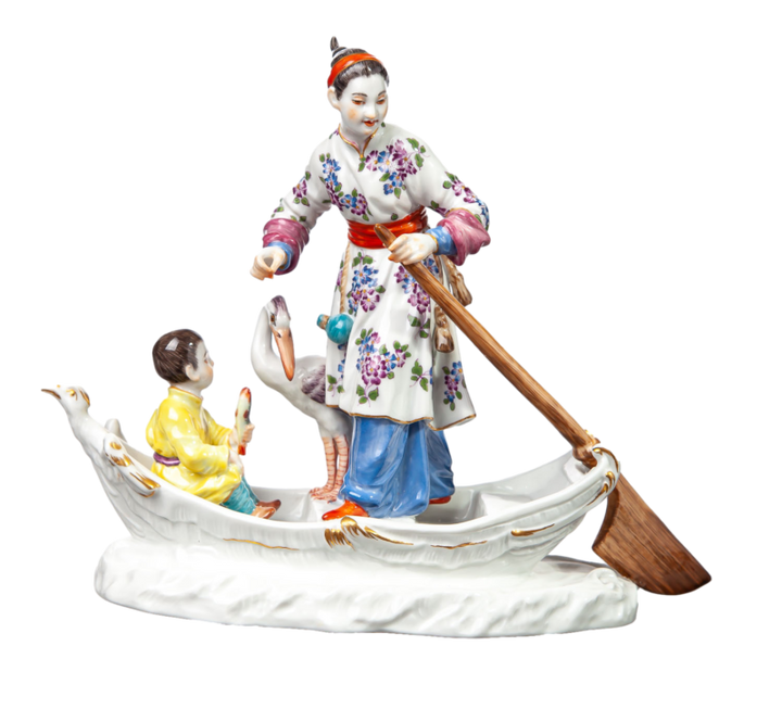 マイセン人形　「艀に乗った子供と鷺を連れた中国人女性」 J.J. ディーラー　一級品
