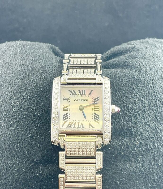 Cartier Tank Francaise Pink Pearl 20mm Custom Iced Out 3ct Genuine Diamonds 2384