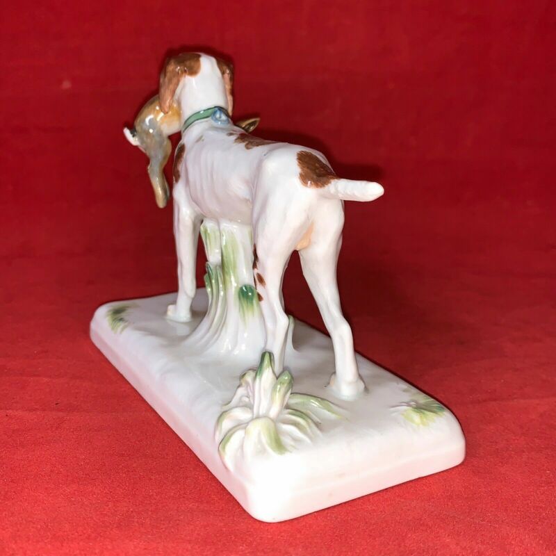 希少なマイセン磁器製動物フィギュリン ウサギと狩猟犬 HP C 1925年　ファイファー期