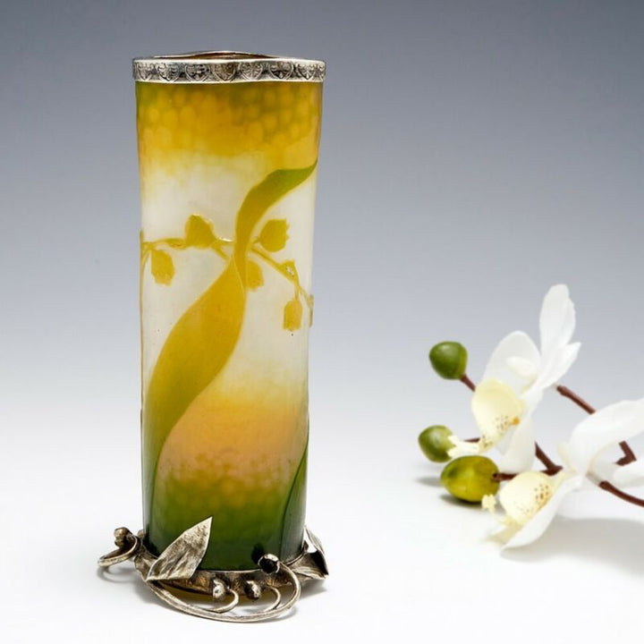 ドーム兄弟（ドームナンシー）鈴蘭の花とシルバー装飾の花瓶　1896-1900年代