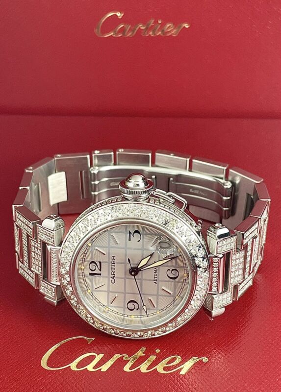 Cartier Pasha 35mm Ladies Auto Steel Watch Silver Dial Iced 6ct Diamonds 2324